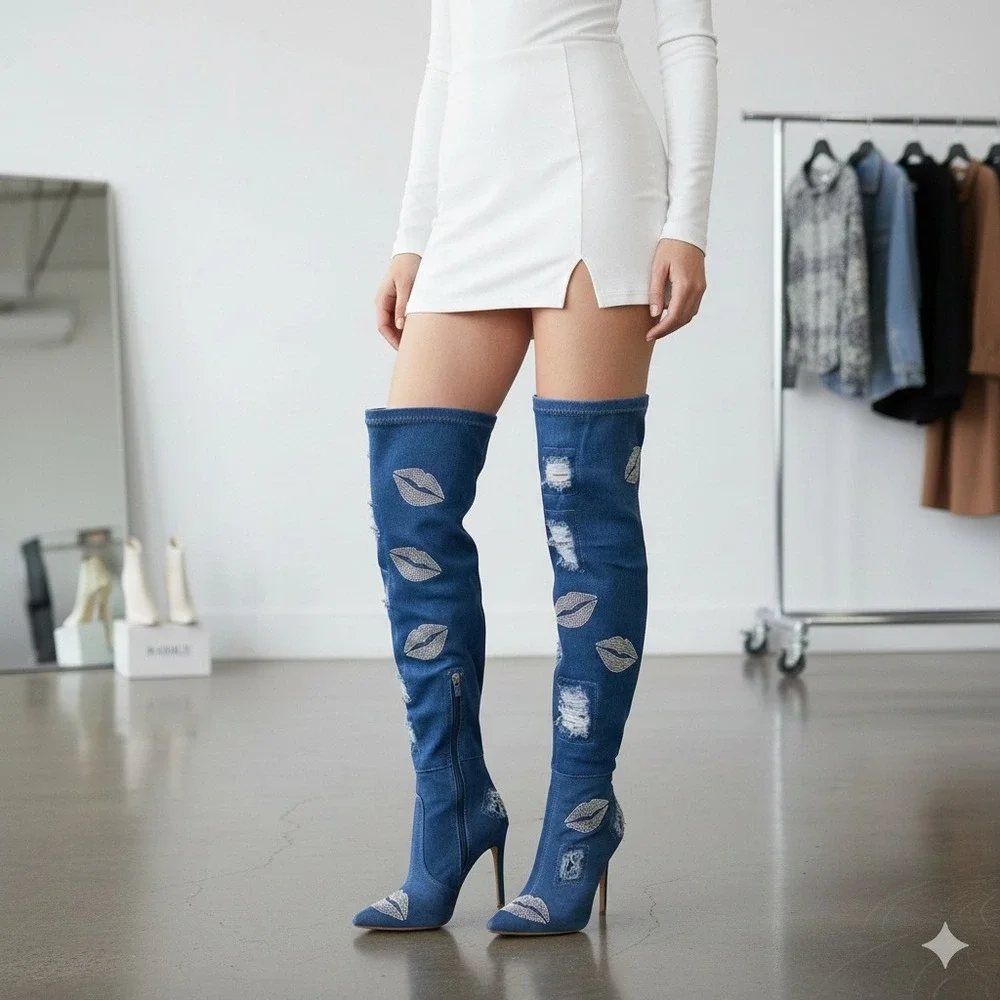 Cape Robbin Distressed Denim Rhinestone Thigh High Stiletto Boots Size‎ 7 NIB